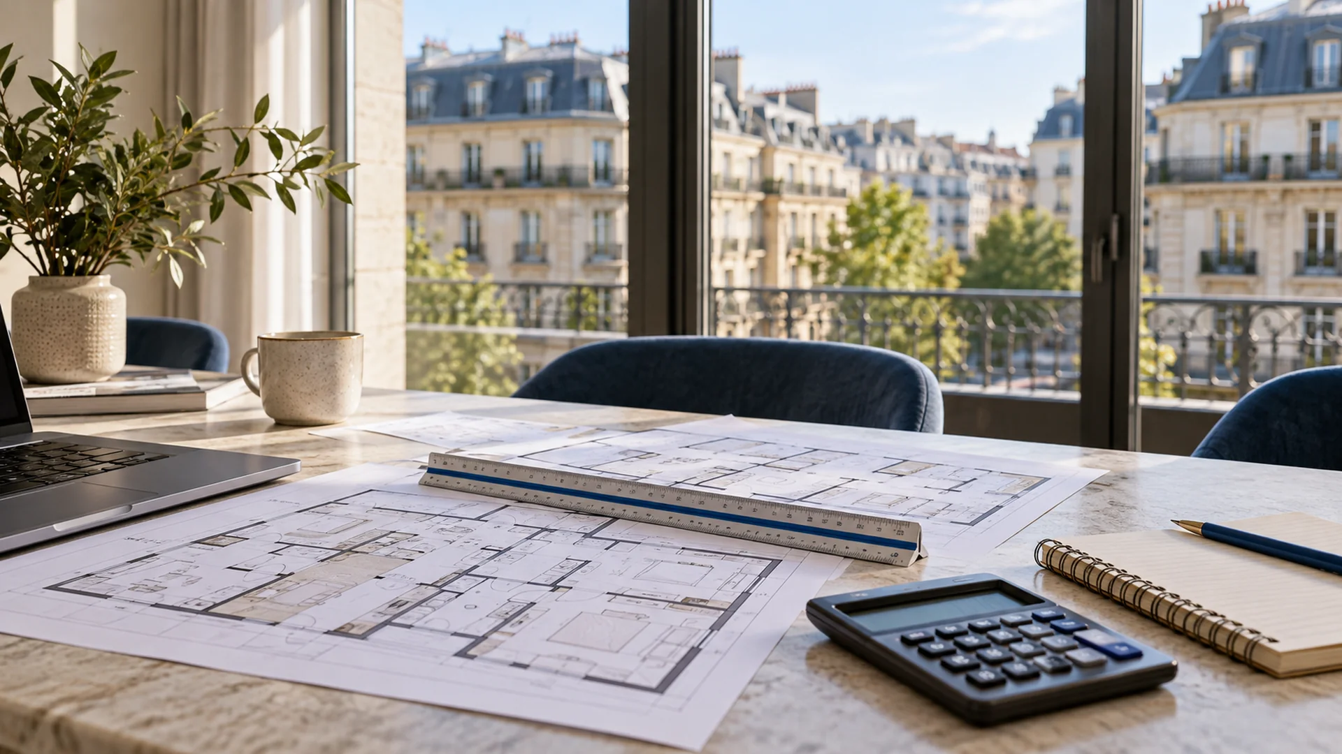 Property floor plans and a calculator on a sunlit table overlooking European apartment buildings.
