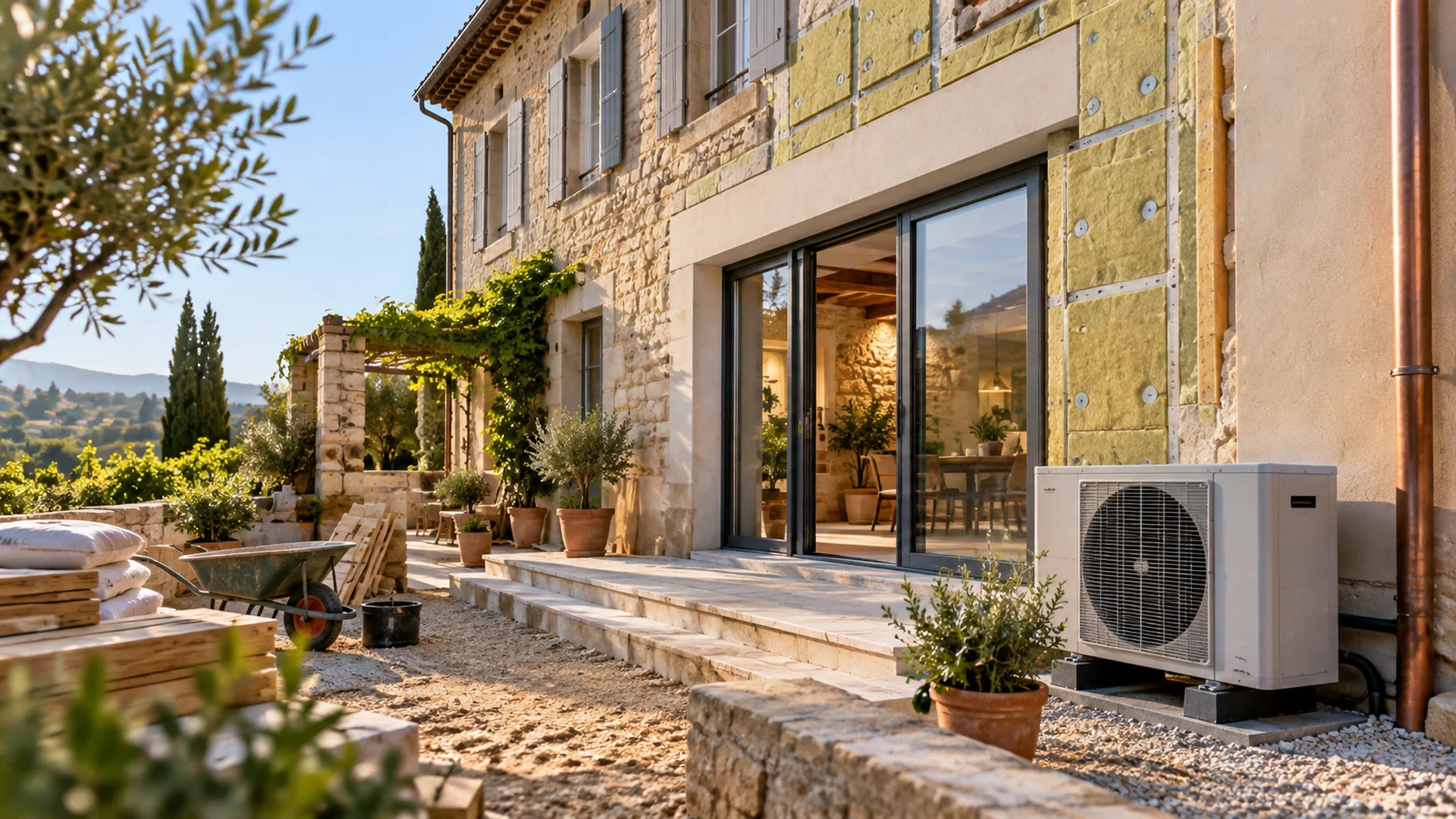European stone property undergoing renovation with exterior insulation, modern glazing and an energy-efficient heat pump.