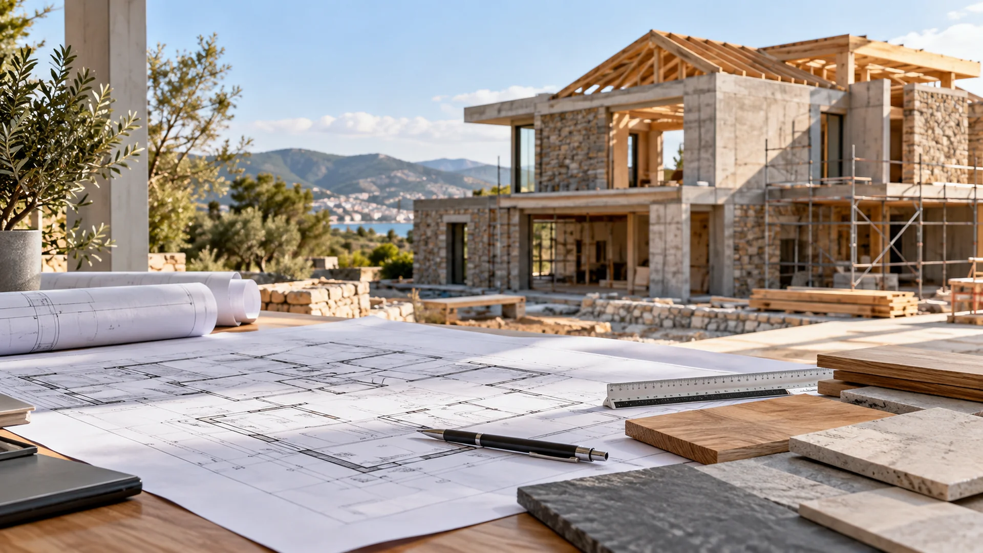 Architectural plans and building material samples in front of a European-style residential construction project.