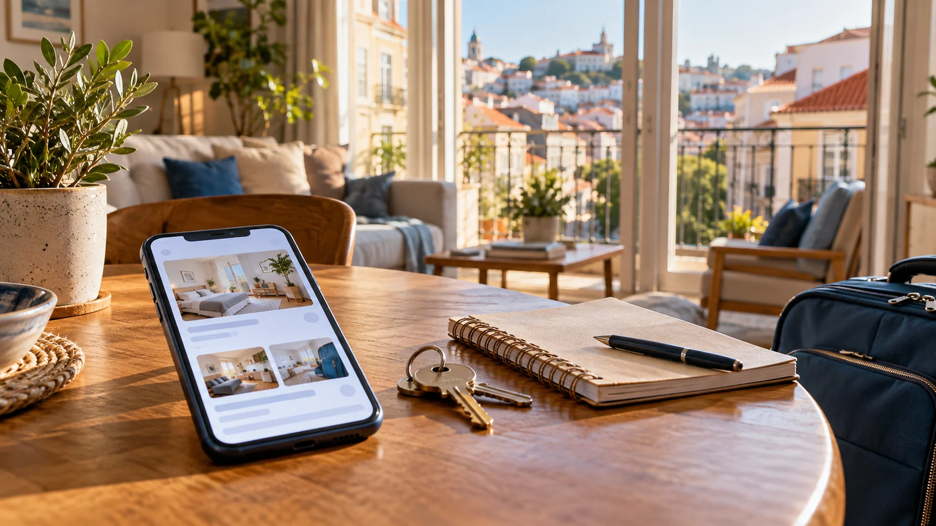 Sunlit European apartment with travel luggage, property listing on a smartphone, keys and notebook for accommodation planning.