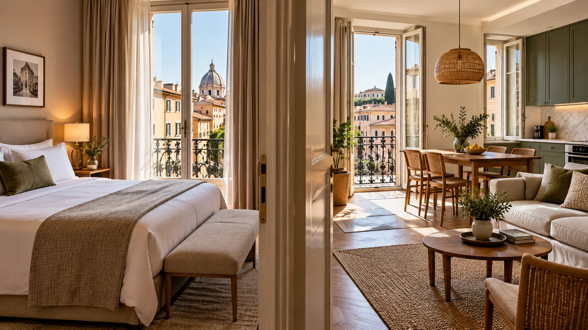 An illustrative European interior with a hotel-style bedroom beside a self-catering apartment living area and kitchen.